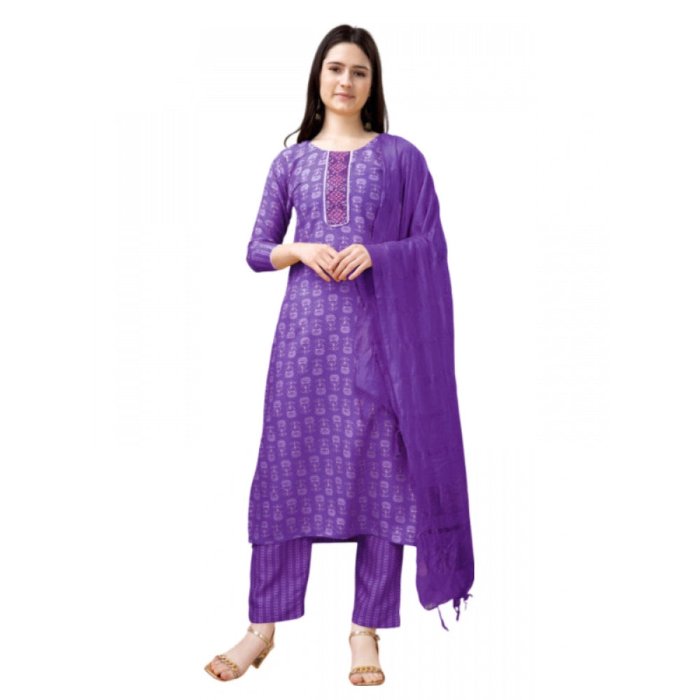 Generic Women's Casual 3-4 th Sleeve Embroidery Rayon Kurti Pant Dupatta Set (Purple) - Noble Nook