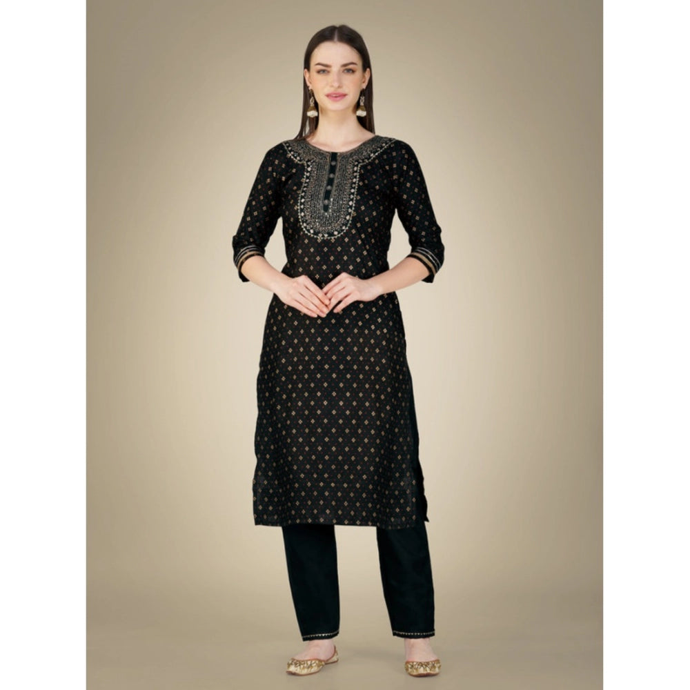 Generic Women's Casual 3-4 th Sleeve Embroidery Cotton Kurti Pant Dupatta Set (Black) - Noble Nook