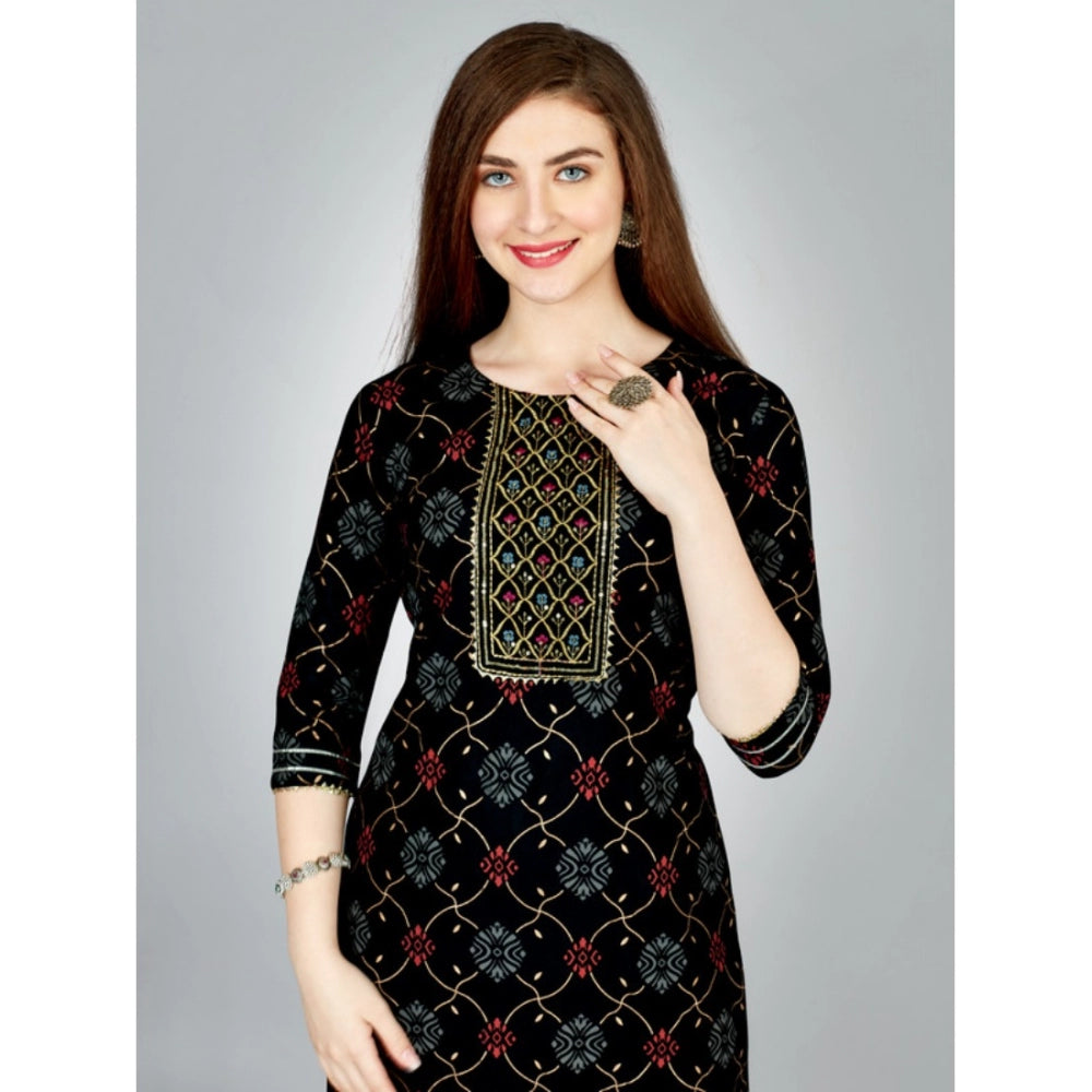 Generic Women's Casual 3-4 th Sleeve Embroidery Rayon Kurti Pant Set (Black) - Noble Nook