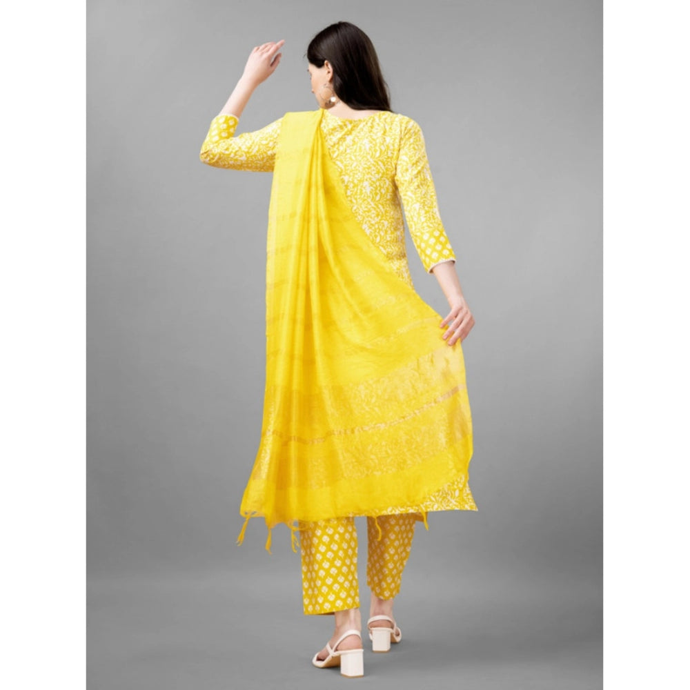 Generic Women's Casual 3-4 th Sleeve Embroidery Rayon Kurti Pant Dupatta Set (Yellow) - Noble Nook