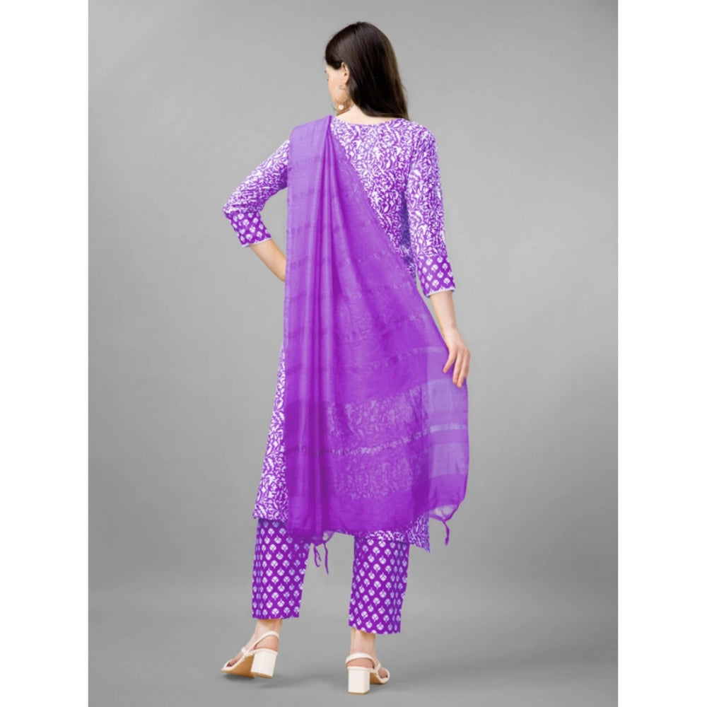 Generic Women's Casual 3-4 th Sleeve Embroidery Rayon Kurti Pant Dupatta Set (Purple) - Noble Nook