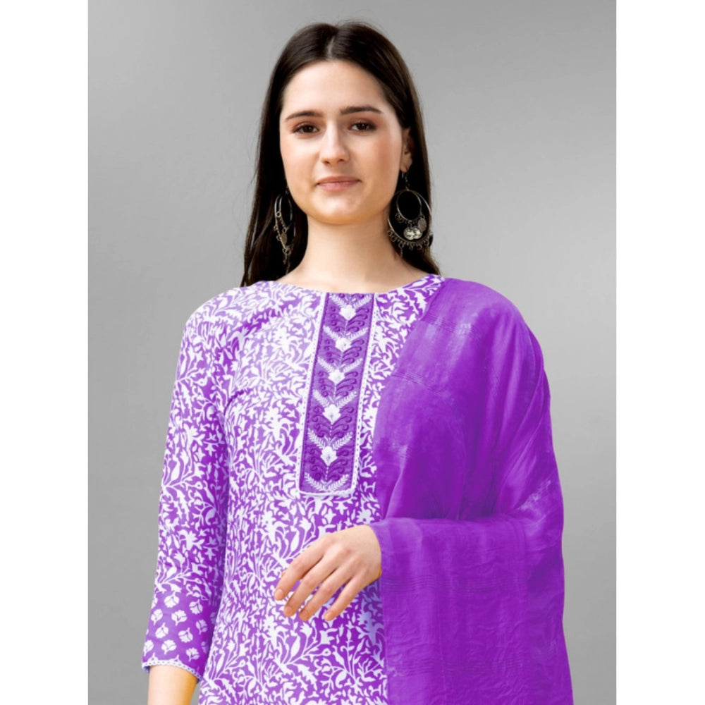 Generic Women's Casual 3-4 th Sleeve Embroidery Rayon Kurti Pant Dupatta Set (Purple) - Noble Nook