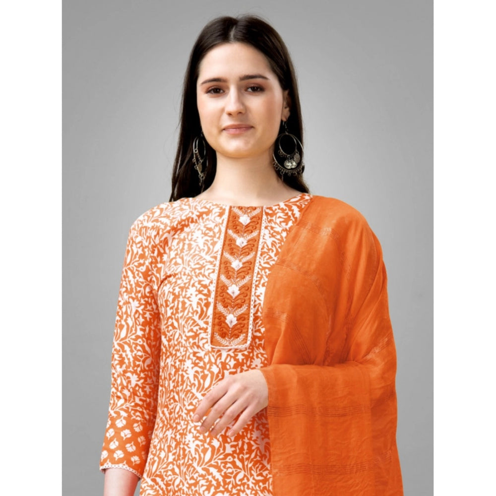 Generic Women's Casual 3-4 th Sleeve Embroidery Rayon Kurti Pant Dupatta Set (Orange) - Noble Nook