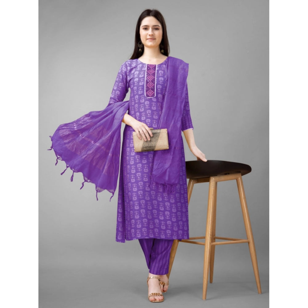 Generic Women's Casual 3-4 th Sleeve Embroidery Rayon Kurti Pant Dupatta Set (Purple) - Noble Nook