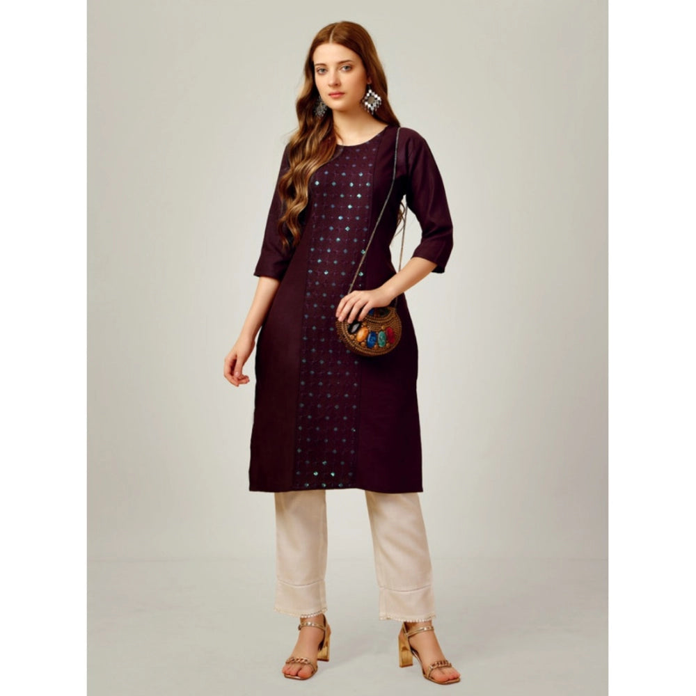 Generic Women's Casual 3-4 th Sleeve Embroidery Cotton Kurti Pant Set (Purple) - Noble Nook