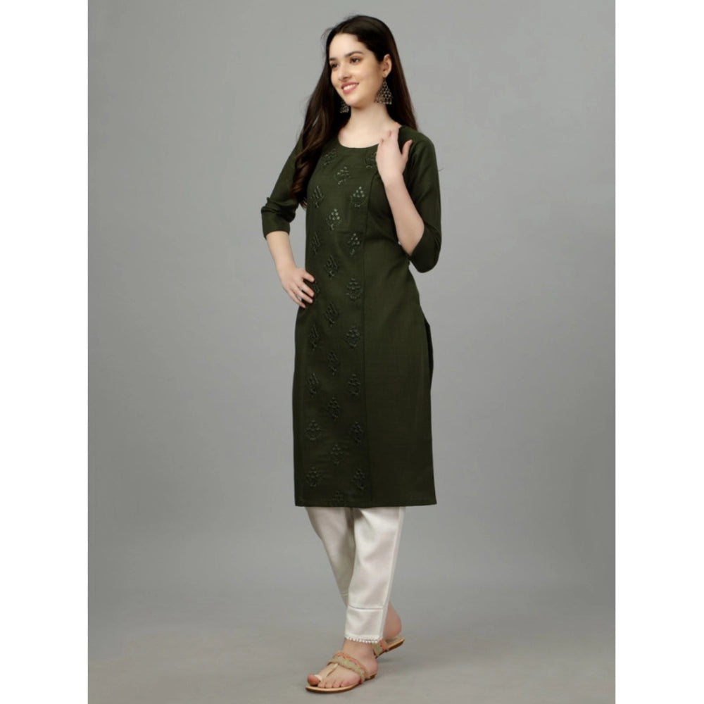 Generic Women's Casual 3-4 th Sleeve Embroidery Cotton Kurti (Dark Green) - Noble Nook