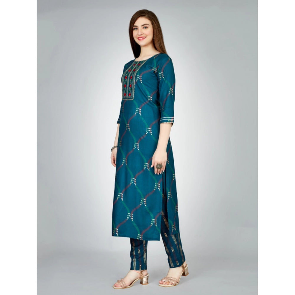 Generic Women's Casual 3-4 th Sleeve Embroidery Rayon Kurti Pant Set (Dark Blue) - Noble Nook