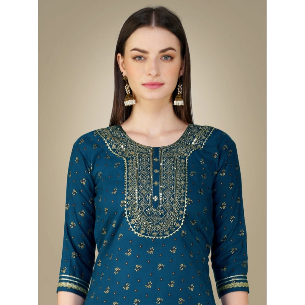 Generic Women's Casual 3-4 th Sleeve Embroidery Cotton Kurti Pant Dupatta Set (Blue ) - Noble Nook