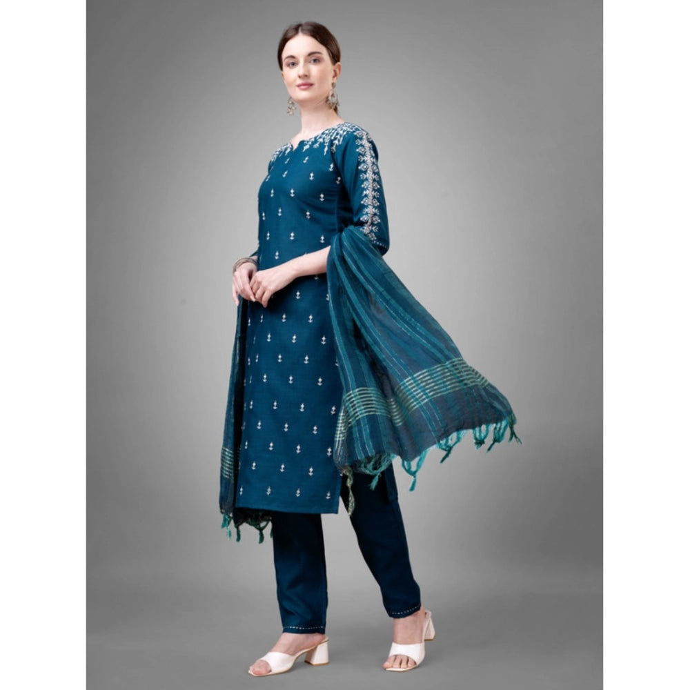 Generic Women's Casual 3-4 th Sleeve Embroidery Cotton Kurti Pant Dupatta Set (Blue ) - Noble Nook