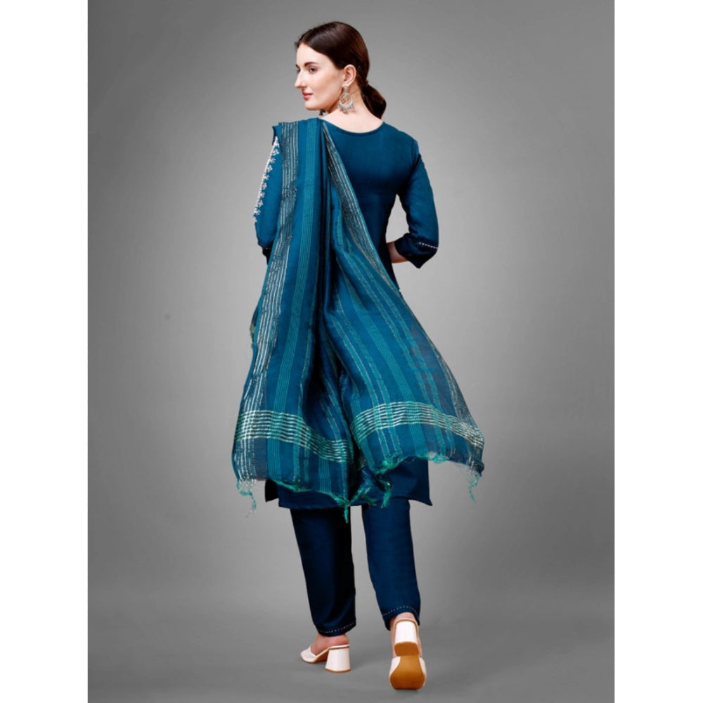 Generic Women's Casual 3-4 th Sleeve Embroidery Cotton Kurti Pant Dupatta Set (Blue ) - Noble Nook