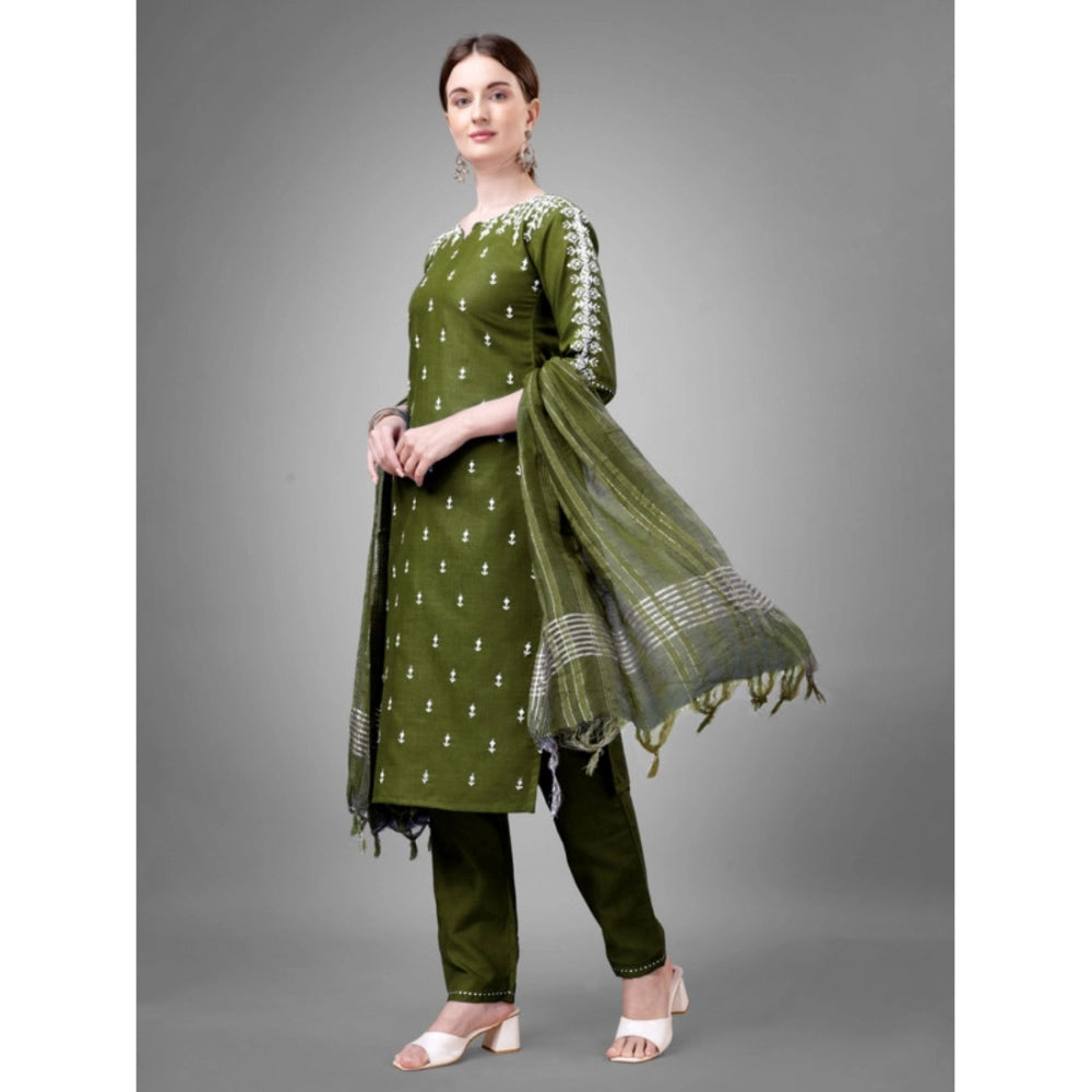 Generic Women's Casual 3-4 th Sleeve Embroidery Cotton Kurti Pant Dupatta Set (Green) - Noble Nook