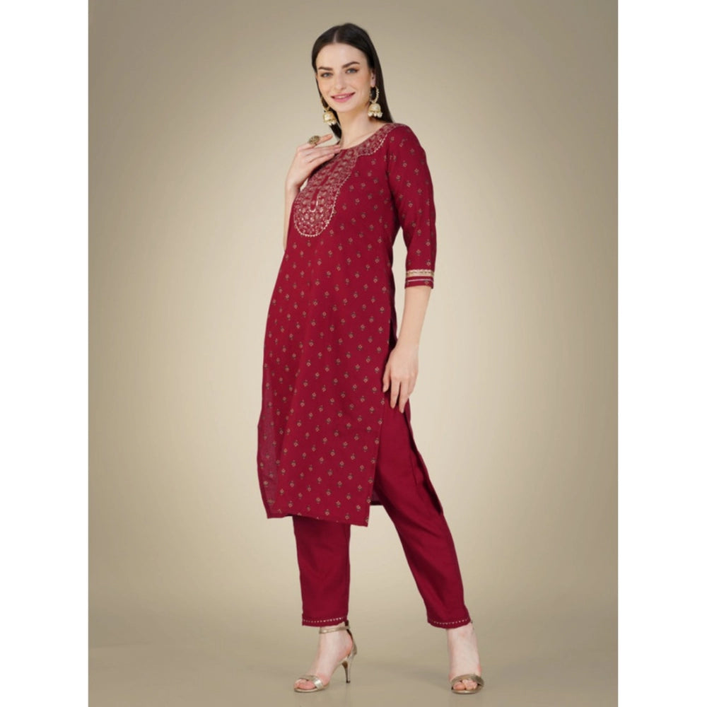 Generic Women's Casual 3-4 th Sleeve Embroidery Cotton Kurti Pant Dupatta Set (Maroon) - Noble Nook