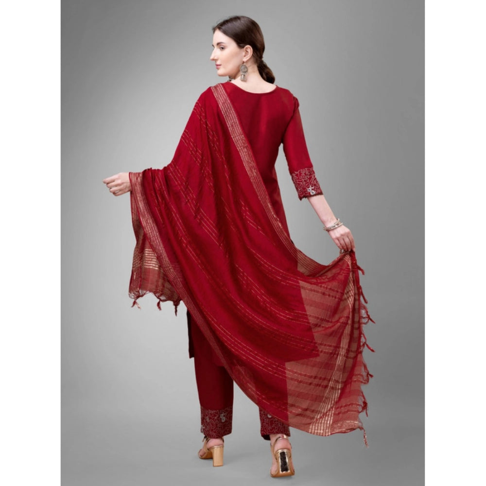 Generic Women's Casual 3-4 th Sleeve Embroidery Cotton Kurti Pant Dupatta Set (Maroon) - Noble Nook