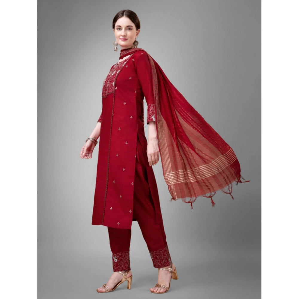 Generic Women's Casual 3-4 th Sleeve Embroidery Cotton Kurti Pant Dupatta Set (Maroon) - Noble Nook