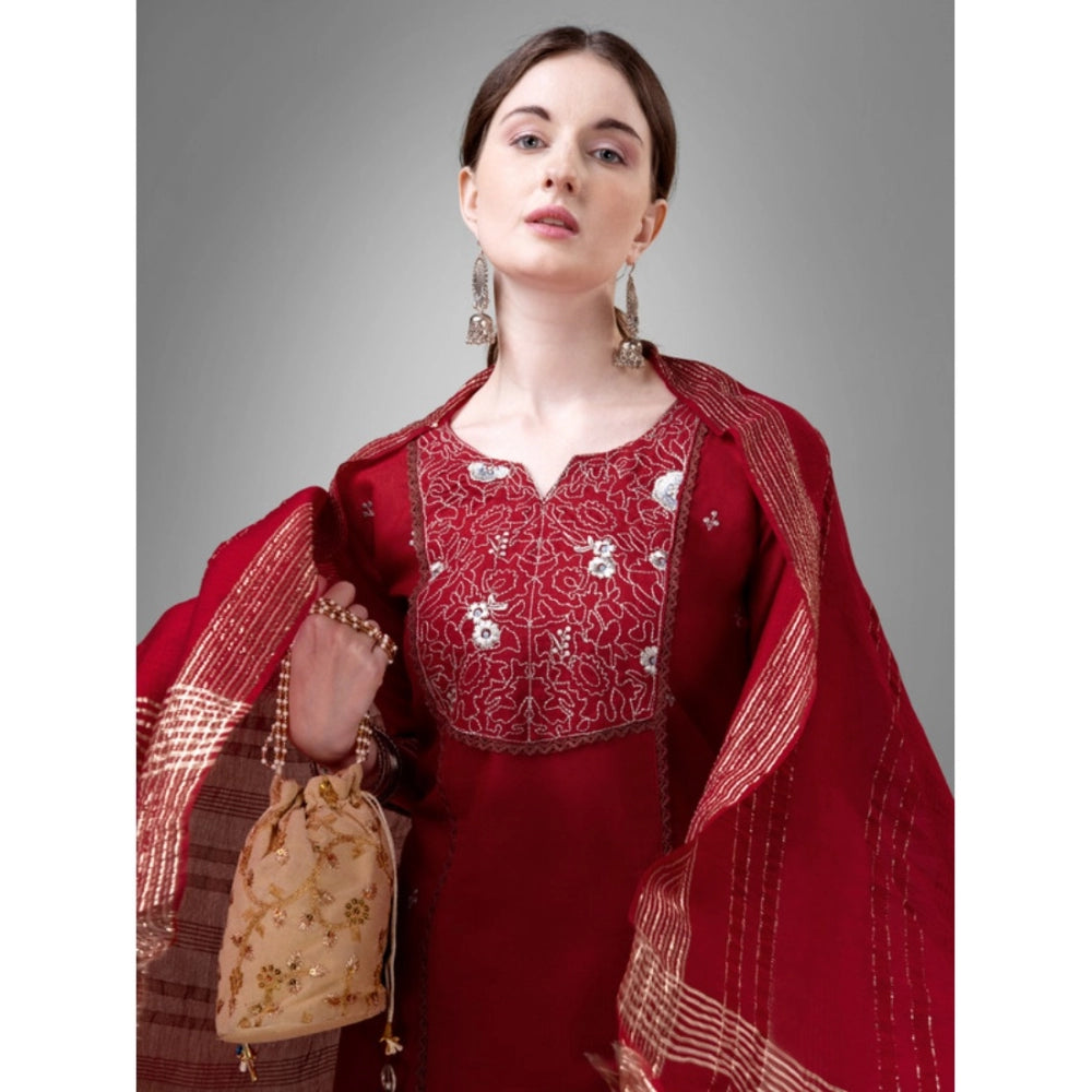 Generic Women's Casual 3-4 th Sleeve Embroidery Cotton Kurti Pant Dupatta Set (Maroon) - Noble Nook