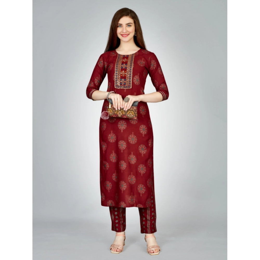 Generic Women's Casual 3-4 th Sleeve Embroidery Rayon Kurti Pant Set (Maroon) - Noble Nook