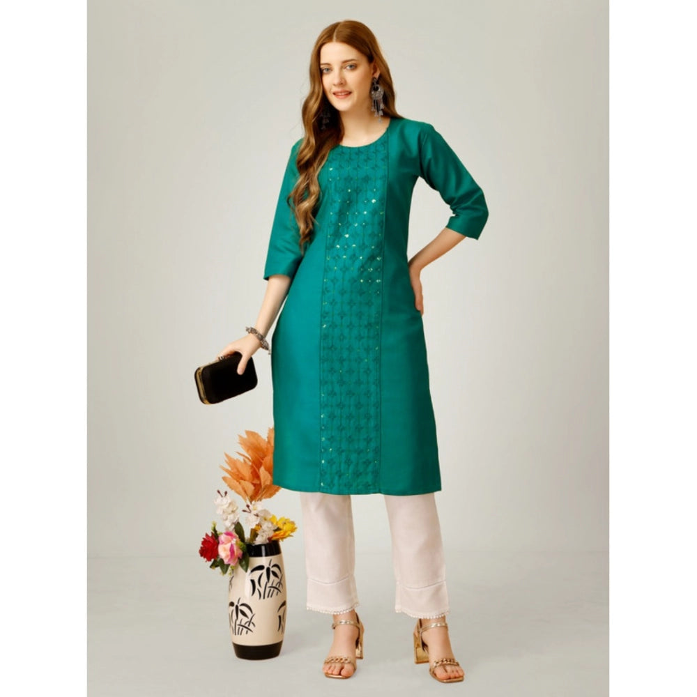 Generic Women's Casual 3-4 th Sleeve Embroidery Cotton Kurti Pant Set (Light Green) - Noble Nook