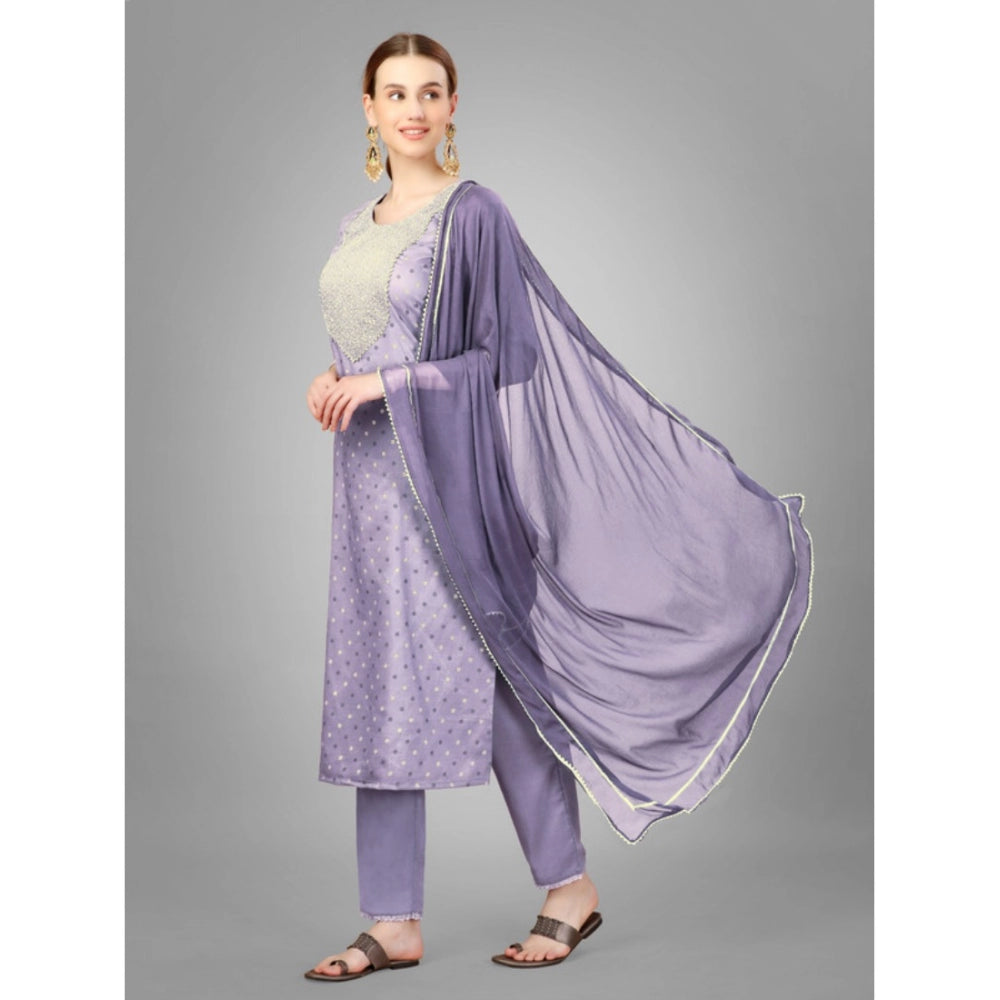 Generic Women's Casual 3-4 th Sleeve Embroidery Silk Blend Kurti Pant Dupatta Set (Lavender) - Noble Nook