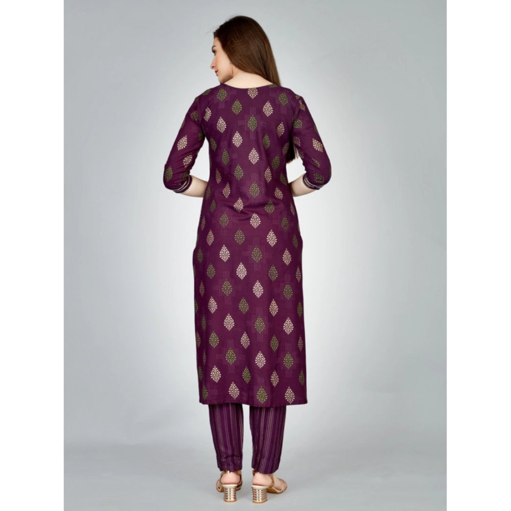 Generic Women's Casual 3-4 th Sleeve Embroidery Rayon Kurti Pant Set (Purple) - Noble Nook