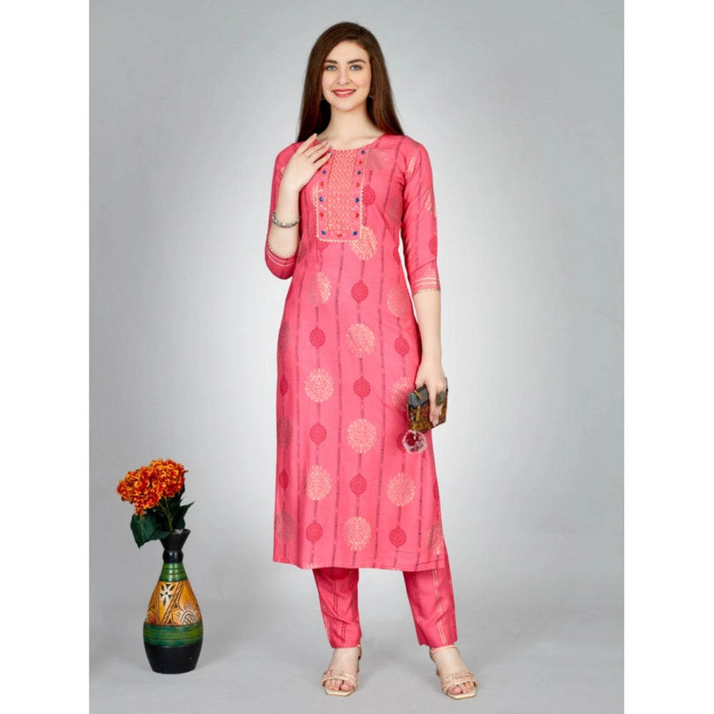 Generic Women's Casual 3-4 th Sleeve Embroidery Rayon Kurti Pant Set (Pink) - Noble Nook