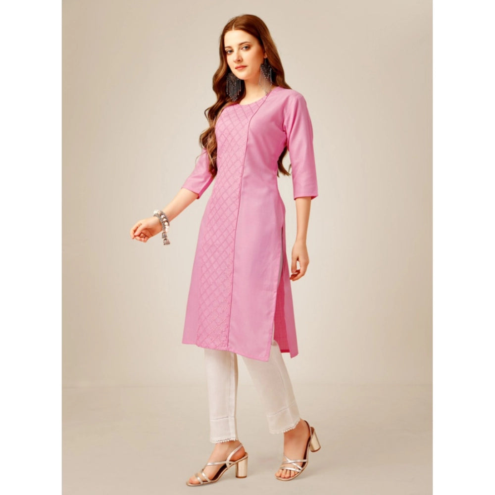 Generic Women's Casual 3-4 th Sleeve Embroidery Cotton Kurti Pant Set (Pink) - Noble Nook