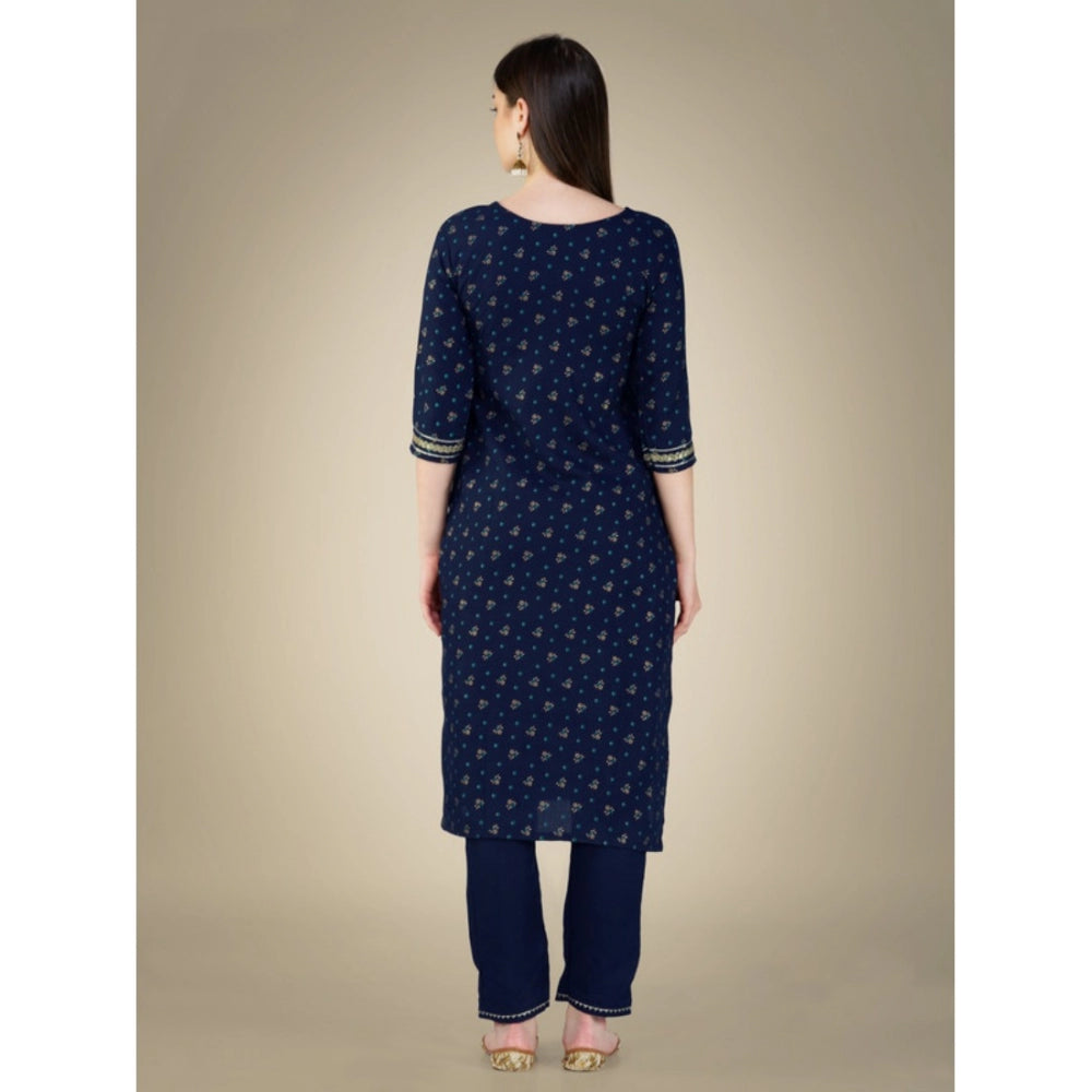 Generic Women's Casual 3-4 th Sleeve Embroidery Cotton Kurti Pant Dupatta Set (Dark Blue) - Noble Nook