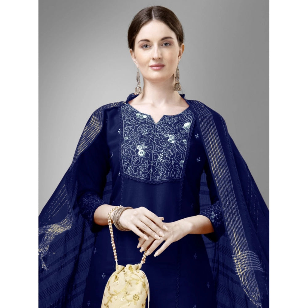 Generic Women's Casual 3-4 th Sleeve Embroidery Cotton Kurti Pant Dupatta Set (Dark Blue) - Noble Nook