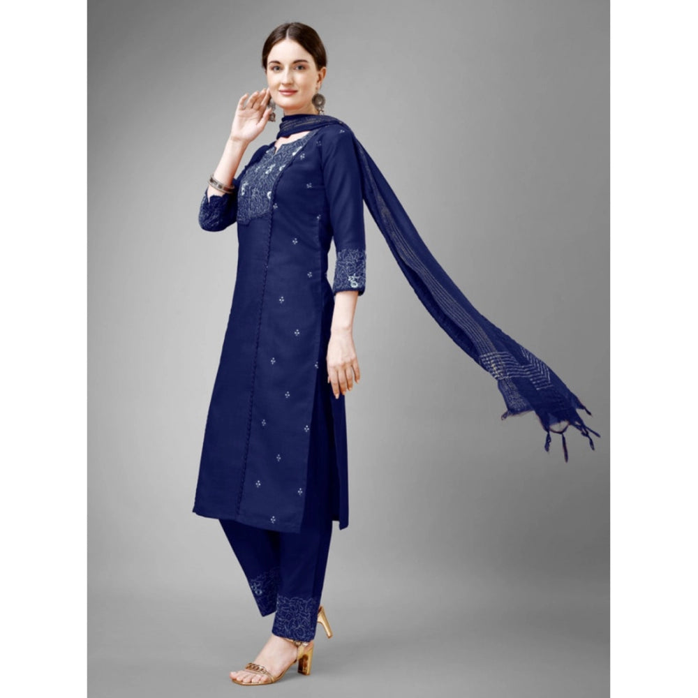 Generic Women's Casual 3-4 th Sleeve Embroidery Cotton Kurti Pant Dupatta Set (Dark Blue) - Noble Nook