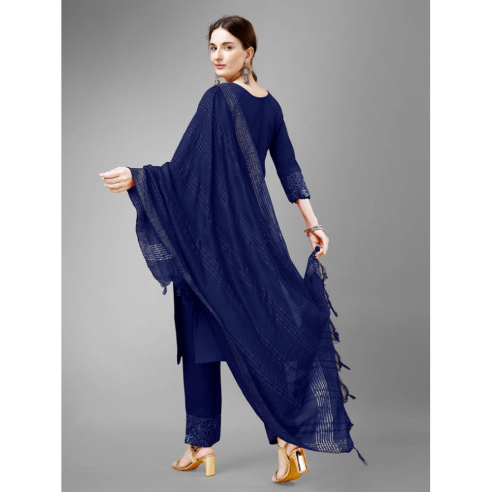 Generic Women's Casual 3-4 th Sleeve Embroidery Cotton Kurti Pant Dupatta Set (Dark Blue) - Noble Nook