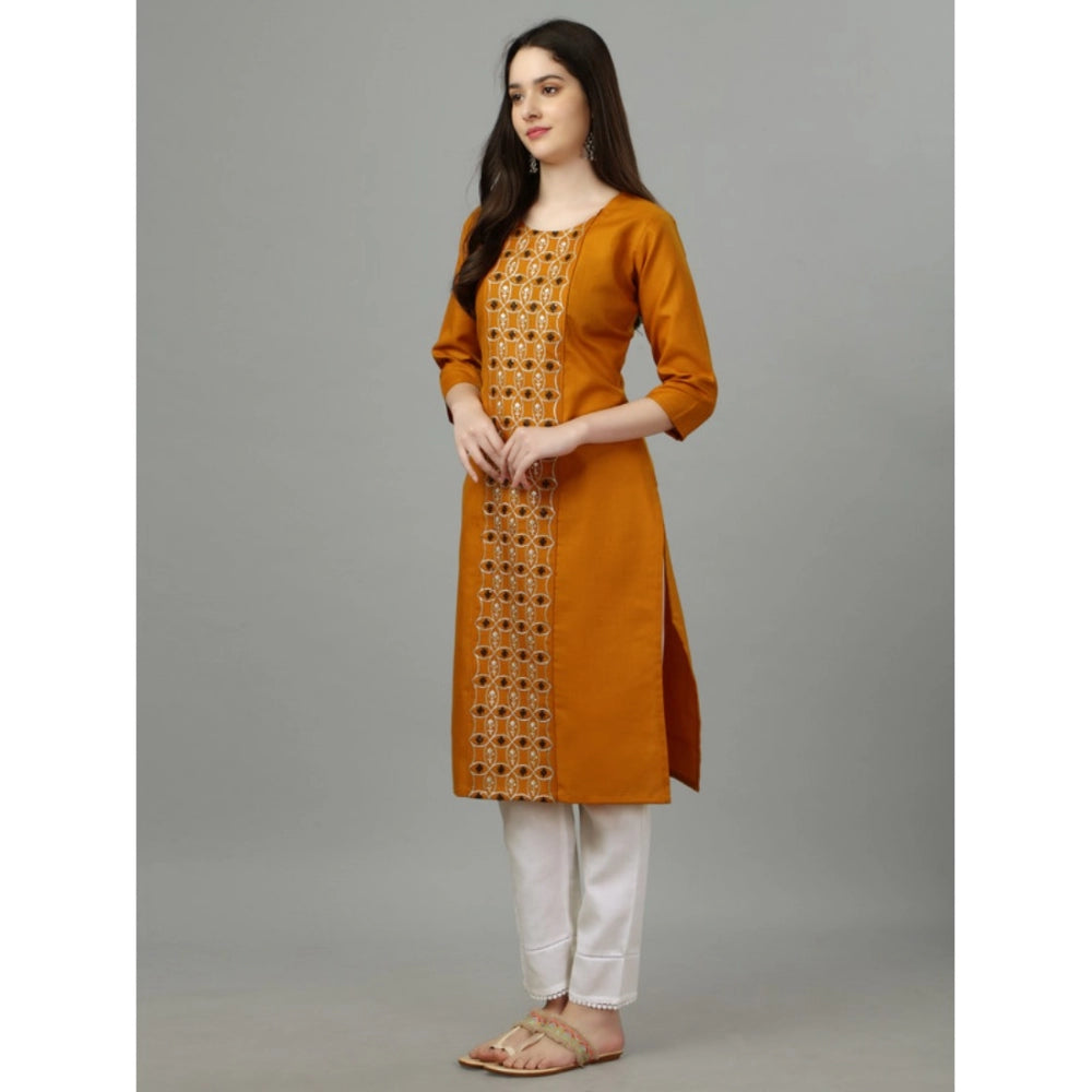 Generic Women's Casual 3-4 th Sleeve Embroidery Cotton Kurti (Mustard) - Noble Nook