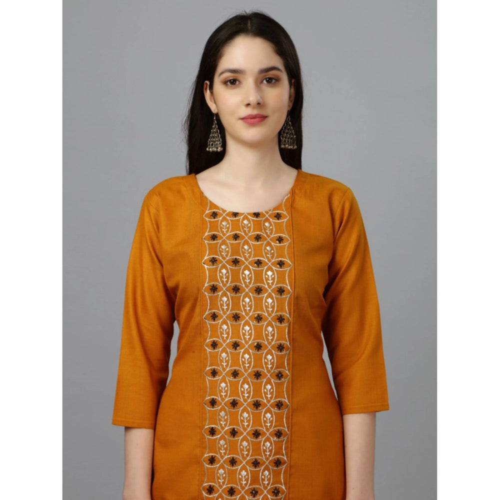 Generic Women's Casual 3-4 th Sleeve Embroidery Cotton Kurti (Mustard) - Noble Nook