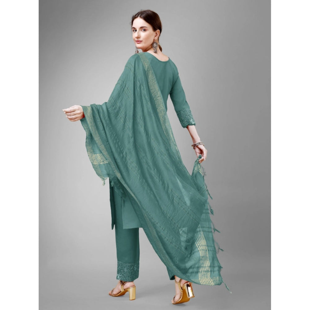 Generic Women's Casual 3-4 th Sleeve Embroidery Cotton Kurti Pant Dupatta Set (Teal) - Noble Nook