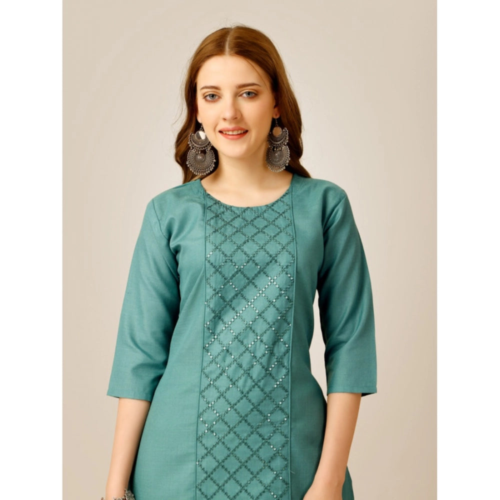 Generic Women's Casual 3-4 th Sleeve Embroidery Cotton Kurti Pant Set (Green) - Noble Nook