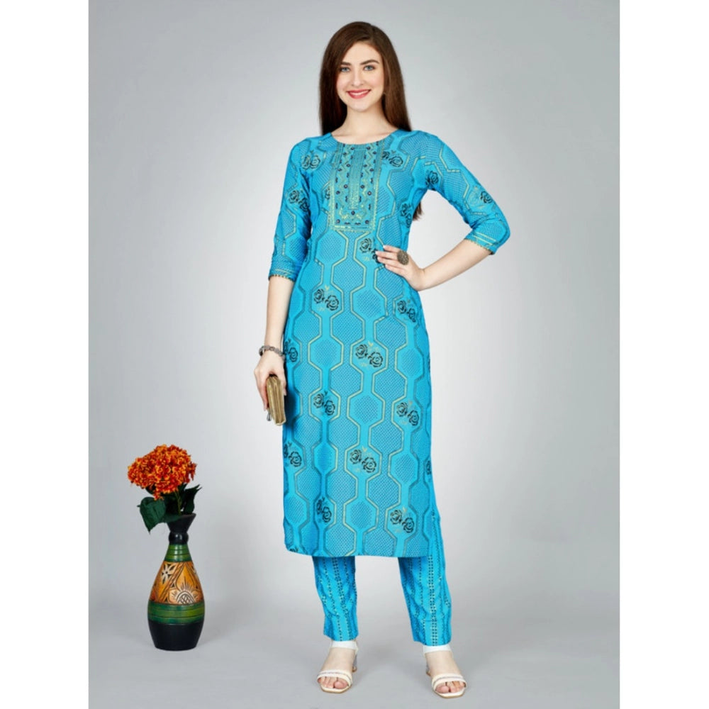 Generic Women's Casual 3-4 th Sleeve Embroidery Rayon Kurti Pant Set (Light Blue) - Noble Nook