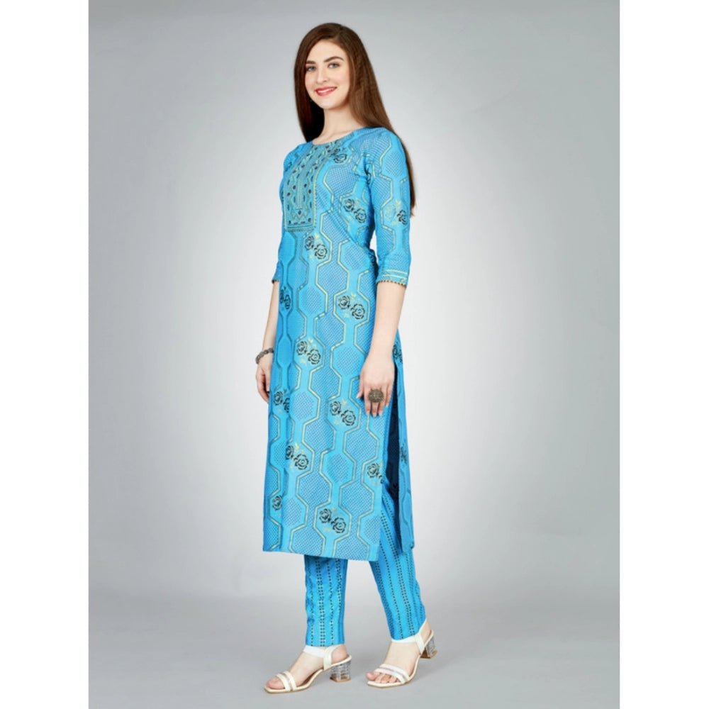 Generic Women's Casual 3-4 th Sleeve Embroidery Rayon Kurti Pant Set (Light Blue) - Noble Nook