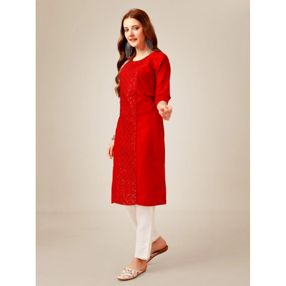 Generic Women's Casual 3-4 th Sleeve Embroidery Cotton Kurti Pant Set (Red) - Noble Nook