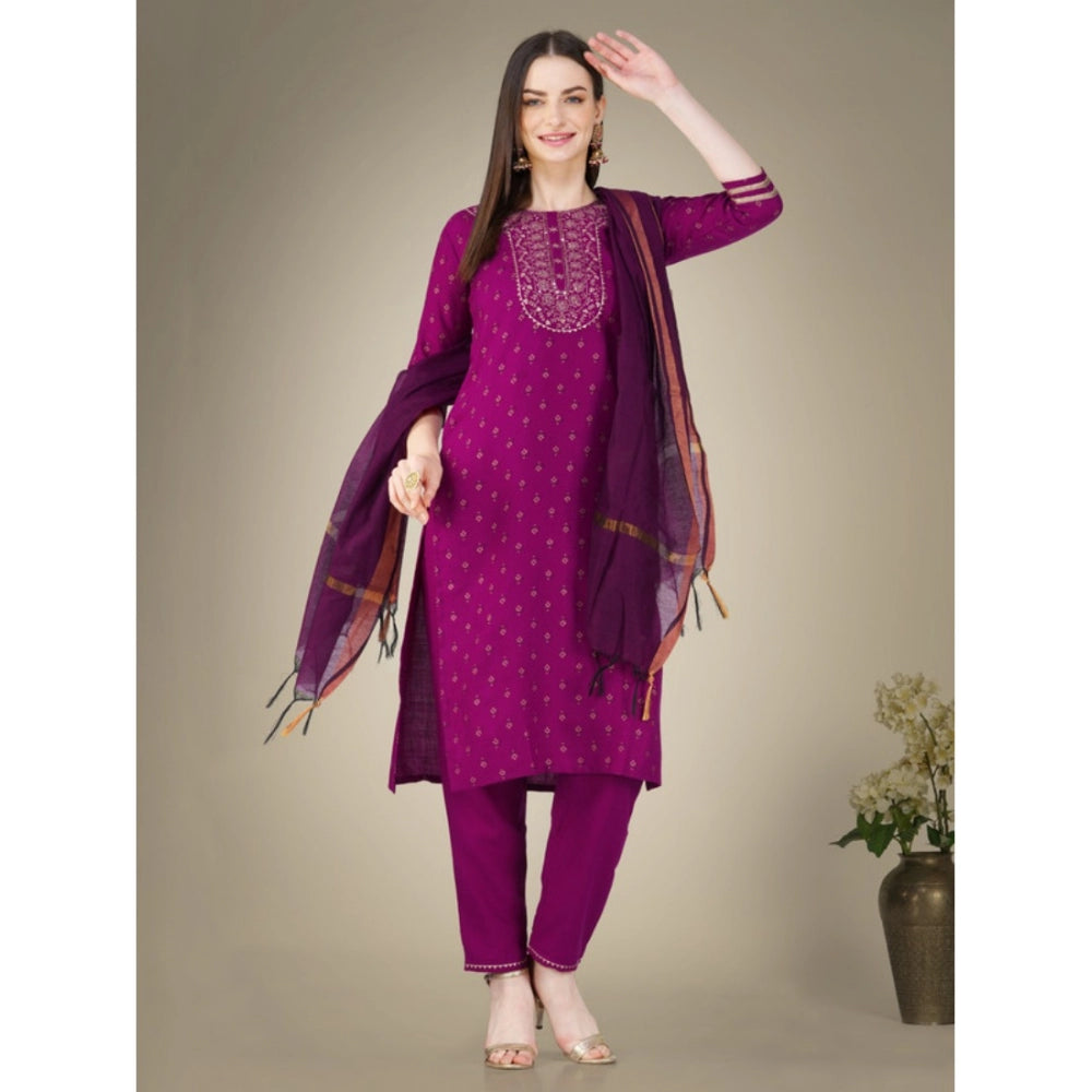 Generic Women's Casual 3-4 th Sleeve Embroidery Cotton Kurti Pant Dupatta Set (Purple) - Noble Nook