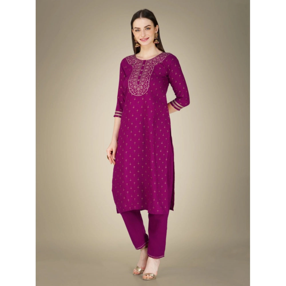 Generic Women's Casual 3-4 th Sleeve Embroidery Cotton Kurti Pant Dupatta Set (Purple) - Noble Nook