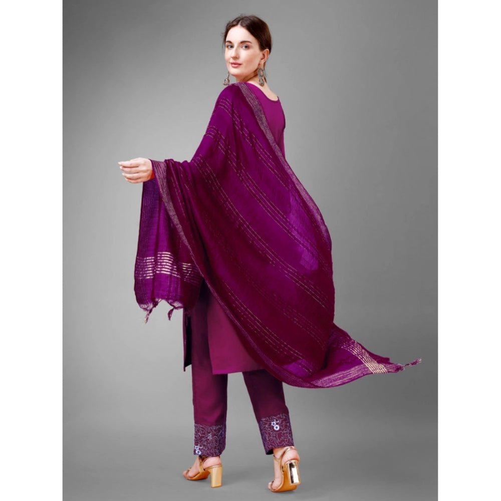 Generic Women's Casual 3-4 th Sleeve Embroidery Cotton Kurti Pant Dupatta Set (Purple) - Noble Nook