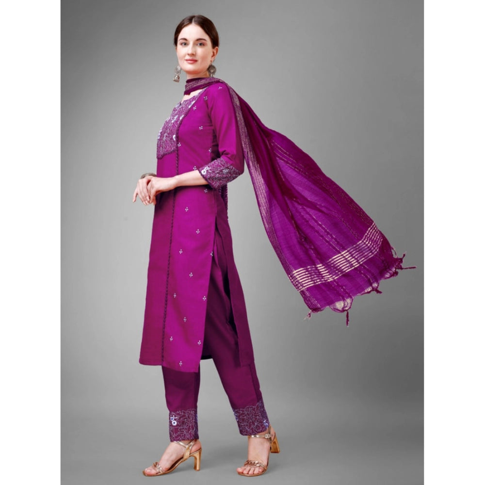 Generic Women's Casual 3-4 th Sleeve Embroidery Cotton Kurti Pant Dupatta Set (Purple) - Noble Nook