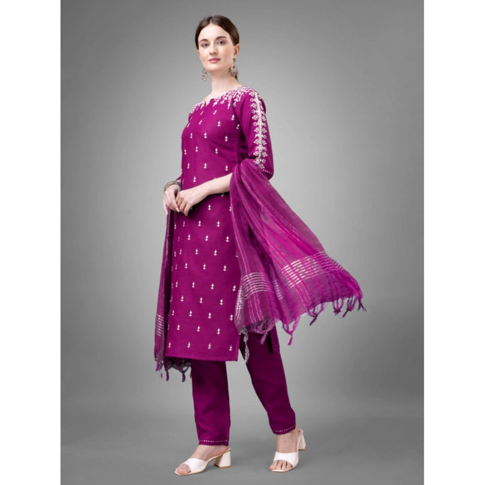 Generic Women's Casual 3-4 th Sleeve Embroidery Cotton Kurti Pant Dupatta Set (Purple) - Noble Nook