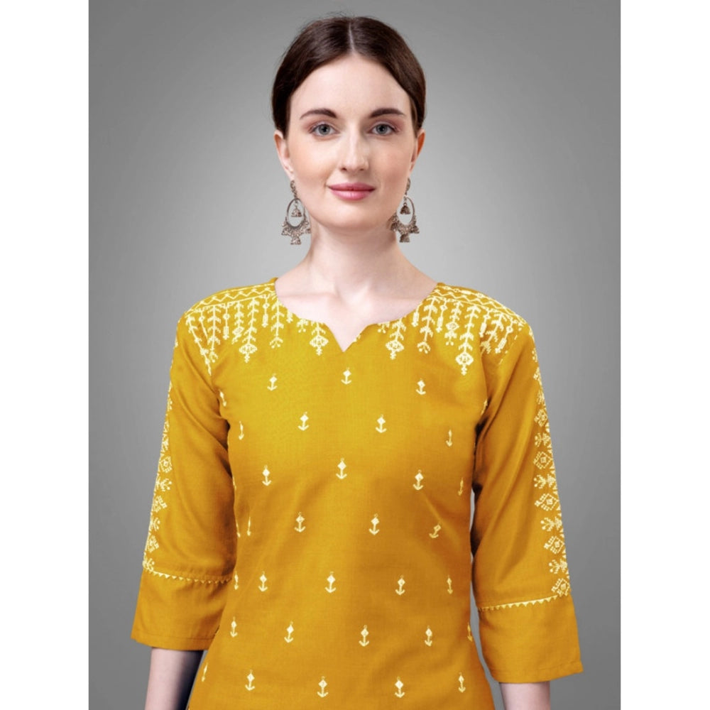 Generic Women's Casual 3-4 th Sleeve Embroidery Cotton Kurti Pant Dupatta Set (Yellow) - Noble Nook