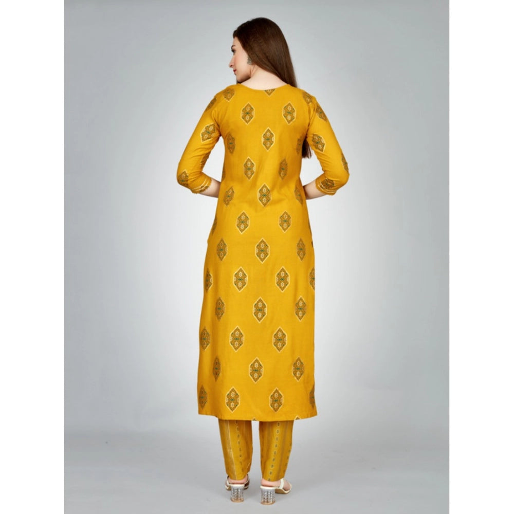 Generic Women's Casual 3-4 th Sleeve Embroidery Rayon Kurti Pant Set (Yellow) - Noble Nook