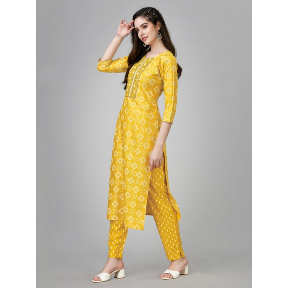 Generic Women's Casual 3-4 th Sleeve Embroidery Rayon Kurti Pant Set (Yellow) - Noble Nook