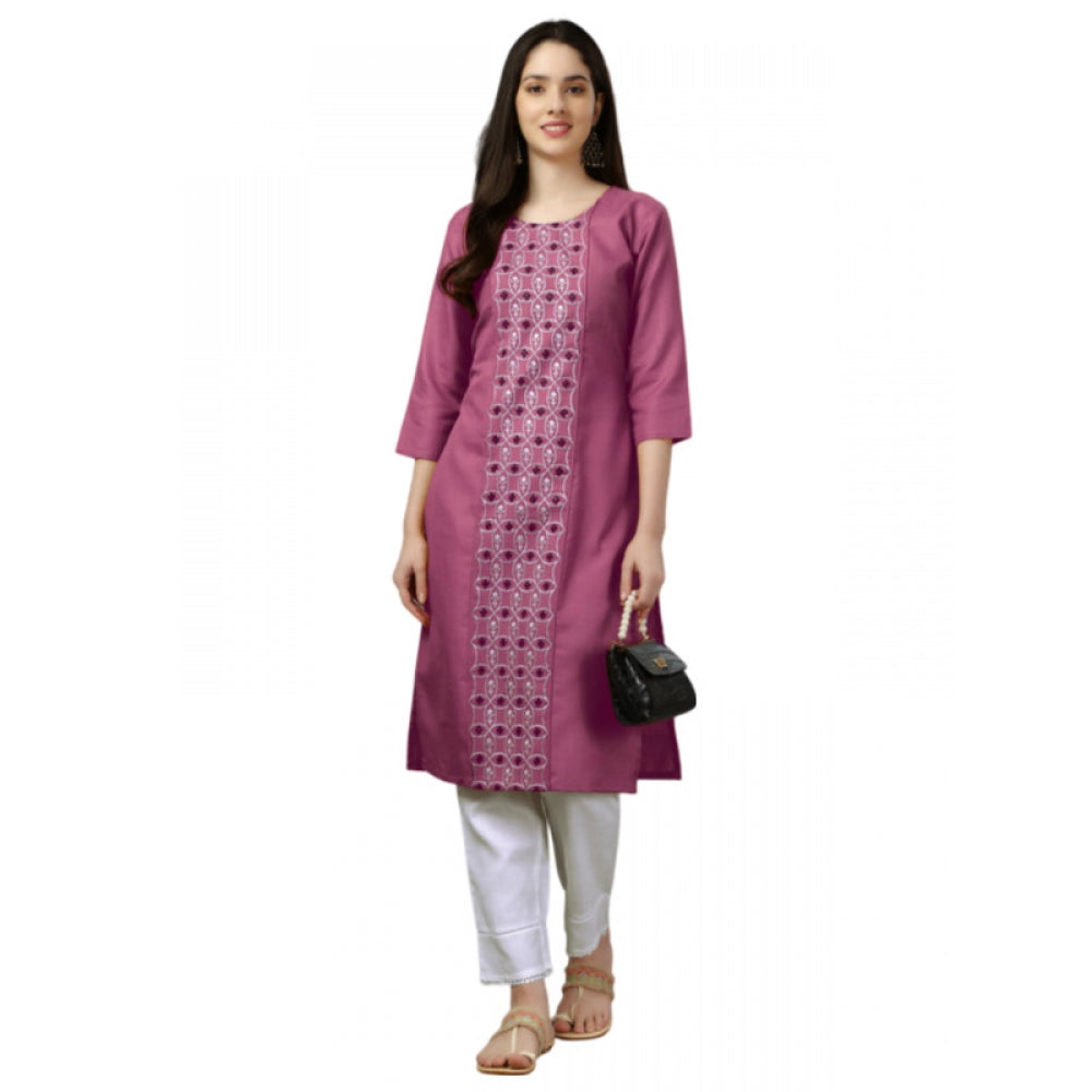 Generic Women's Casual 3-4 th Sleeve Embroidery Cotton Kurti (Purple) - Noble Nook