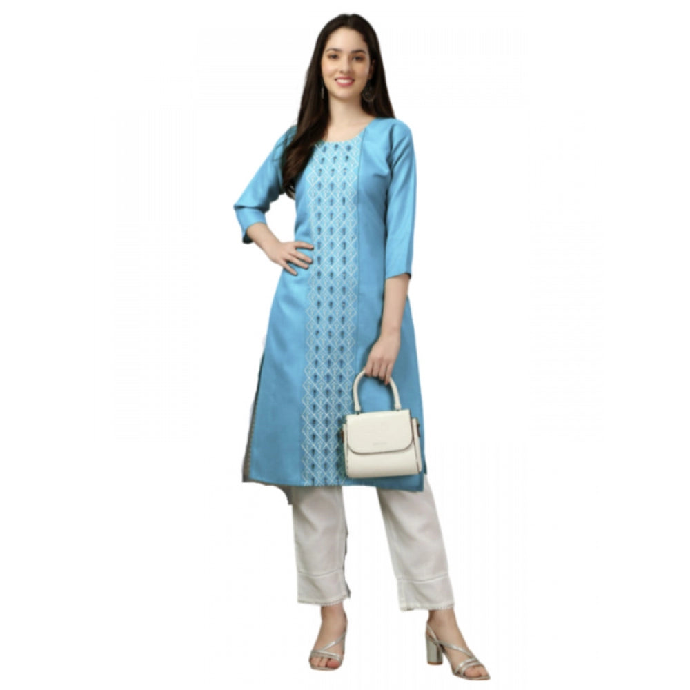 Generic Women's Casual 3-4 th Sleeve Embroidery Cotton Kurti (Light Blue) - Noble Nook