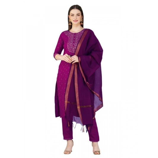 Generic Women's Casual 3-4 th Sleeve Embroidery Cotton Kurti Pant Dupatta Set (Purple) - Noble Nook