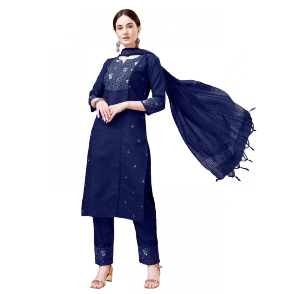 Generic Women's Casual 3-4 th Sleeve Embroidery Cotton Kurti Pant Dupatta Set (Dark Blue) - Noble Nook