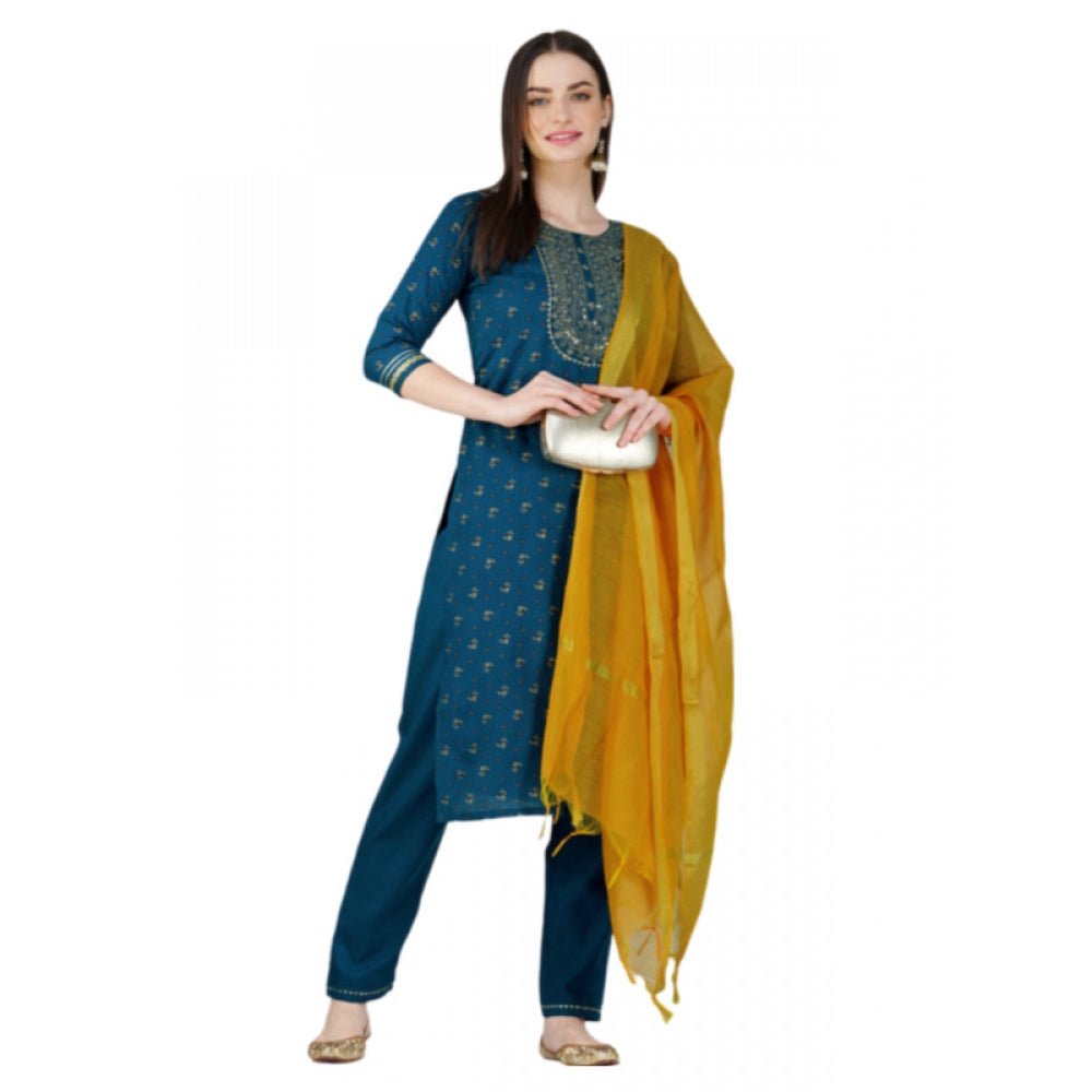 Generic Women's Casual 3-4 th Sleeve Embroidery Cotton Kurti Pant Dupatta Set (Blue ) - Noble Nook