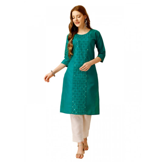 Generic Women's Casual 3-4 th Sleeve Embroidery Cotton Kurti Pant Set (Light Green) - Noble Nook